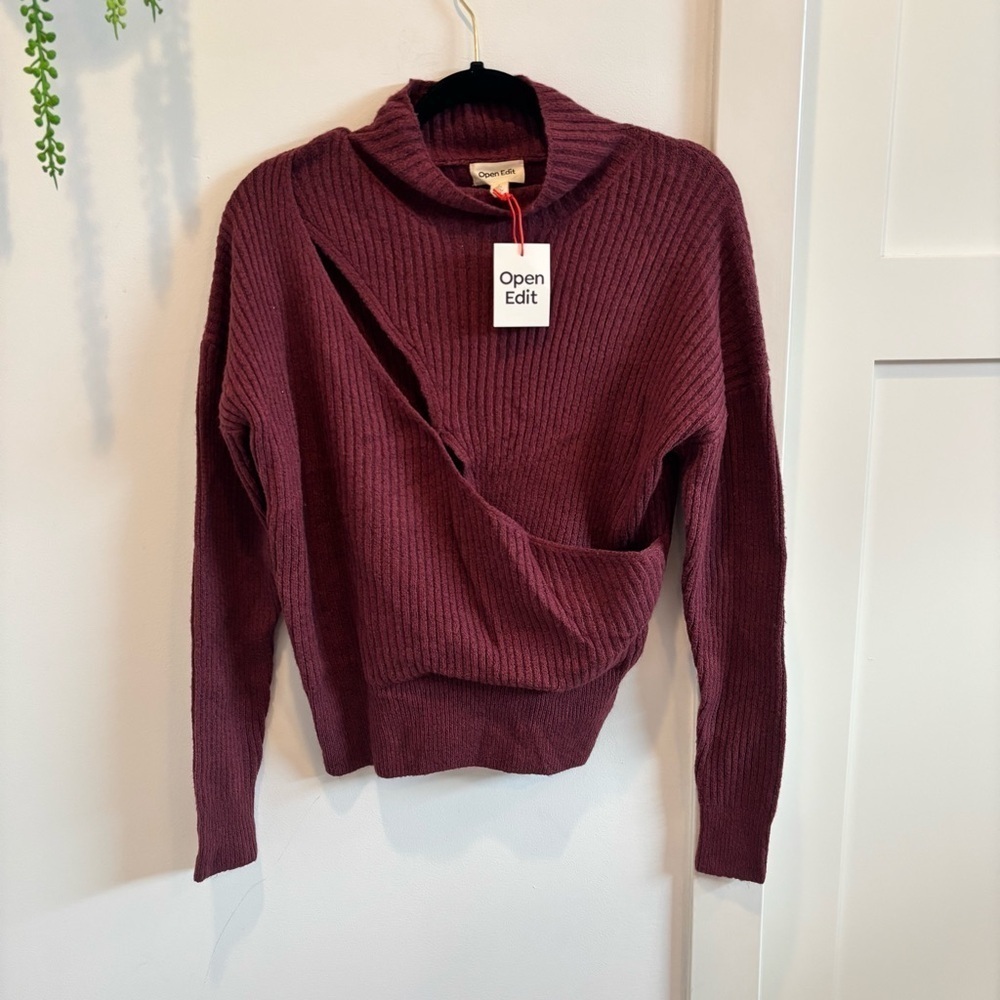 Open Edit Mock Neck Wrap Look Ribbed Womens Sweater Burgundy Tannin Size S NWT